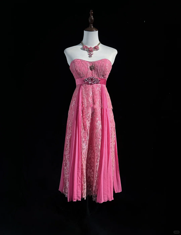 Pink tube top waist lace design soft mid-length dress homecoming dress R4901