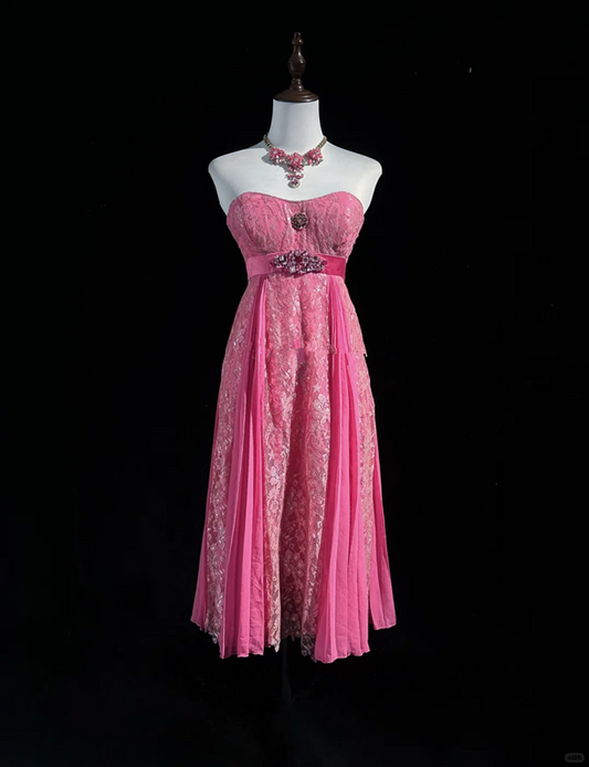Pink tube top waist lace design soft mid-length dress homecoming dress R4901