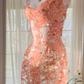 Orange-pink halter-neck, fitted waist, backless, sexy bodycon short ball gown R7668