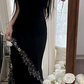 Black halter-neck fitted bodycon ball gown with a sexy asymmetrical hem R7748