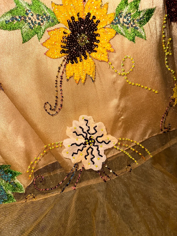 Gold sleeveless fitted sunflower floral long ball gown R6913