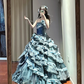 Gray-blue strapless, fitted waist, tiered, full skirt, long ball gown R8637