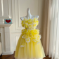 Yellow suspenders three-dimensional flowers fresh and cute puffy tulle skirt homecoming dress R5101
