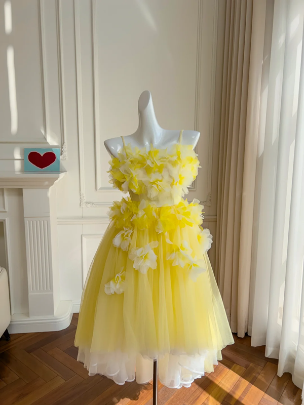 Yellow suspenders three-dimensional flowers fresh and cute puffy tulle skirt homecoming dress R5101