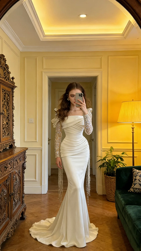 White square neckline, fitted waist, bodycon silhouette, mermaid skirt, elegant ball gown, bridal gown R8606