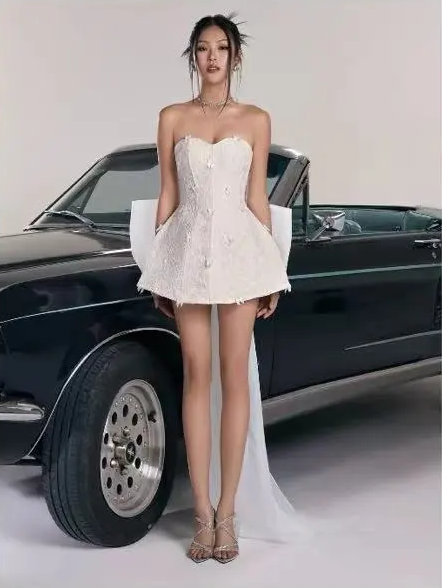 White tube top waist slim fit A-line princess skirt back bow design short skirt homecoming dress R4777