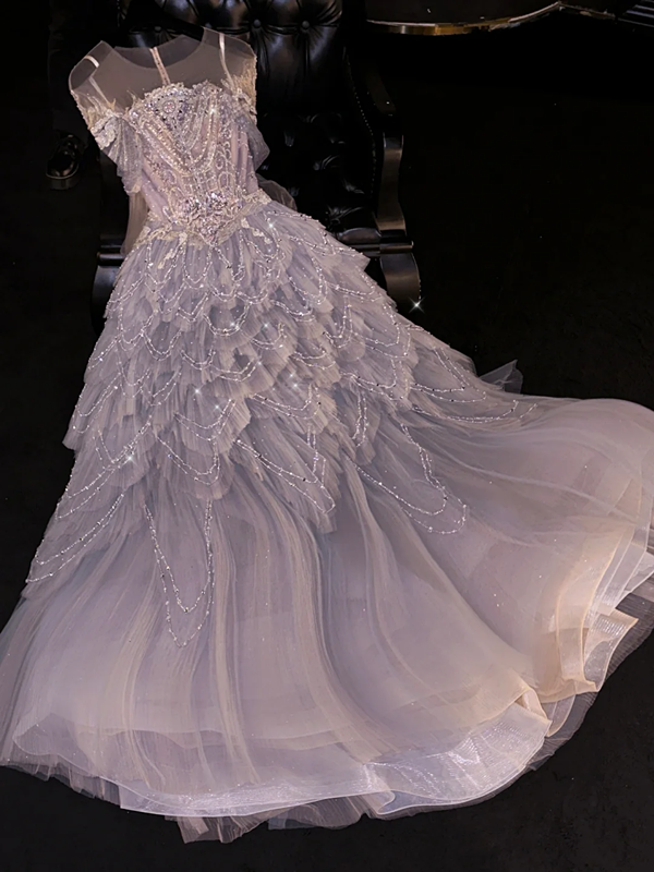 Gray-blue round neck sequined fitted long ball gown R8820