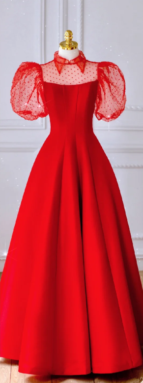 Red Puff-Sleeve Fitted-Waist Slim-Fit A-Line Long Prom Dress / Bridal Gown R5913