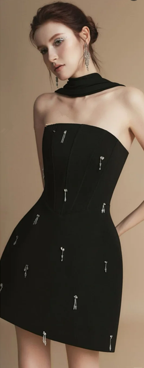 Black tube top beaded design waist slim A-line short skirt homecoming dress R4859