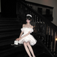 White off-the-shoulder neckline lace trim waist slim A-line short skirt homecoming dress R5063