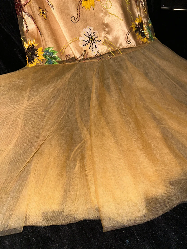 Gold sleeveless fitted sunflower floral long ball gown R6913