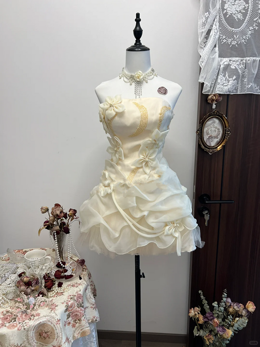 Apricot tube top three-dimensional flower waist slimming fairy beautiful short skirt homecoming dress R4292