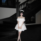 White off-the-shoulder neckline lace trim waist slim A-line short skirt homecoming dress R5063