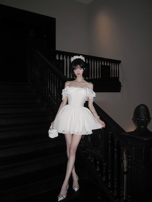 White off-the-shoulder neckline lace trim waist slim A-line short skirt homecoming dress R5063