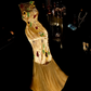 Gold sleeveless fitted sunflower floral long ball gown R6913