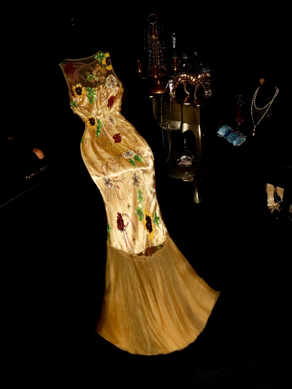 Gold sleeveless fitted sunflower floral long ball gown R6913