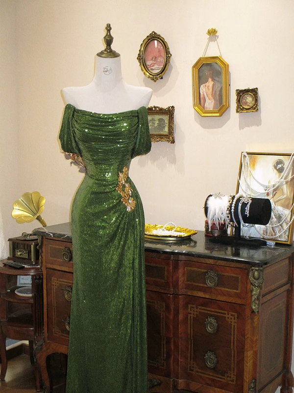 Green off-the-shoulder sequined fitted long ball gown R7186