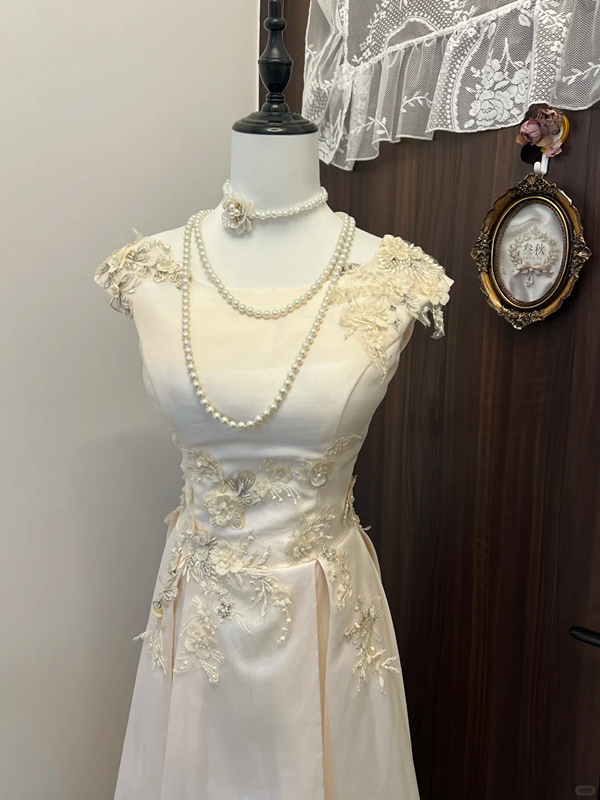 Champagne satin embroidered waist slim fit long skirt homecoming dress R4332