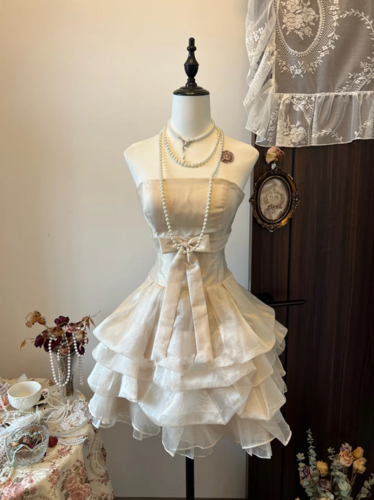 Champagne Colored Strapless Waisted A-Line Satin Layered Skirt Homecoming Dress R4250