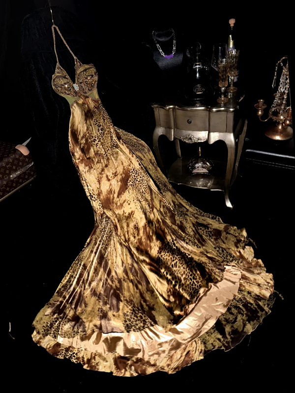 Gold satin halter neck fitted waist sexy long ball gown R6953