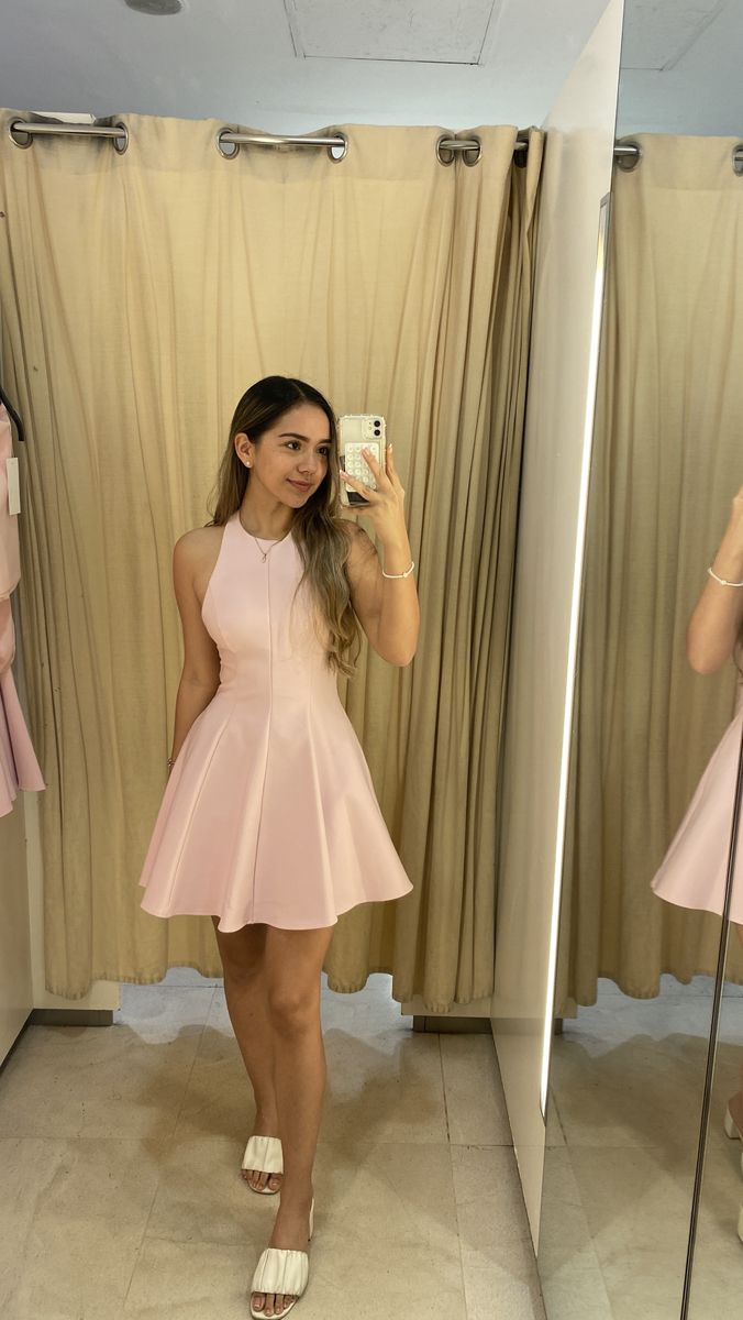 Pink Sleeveless Waisted A-Line Long Swing Short Skirt Homecoming Dress R5523