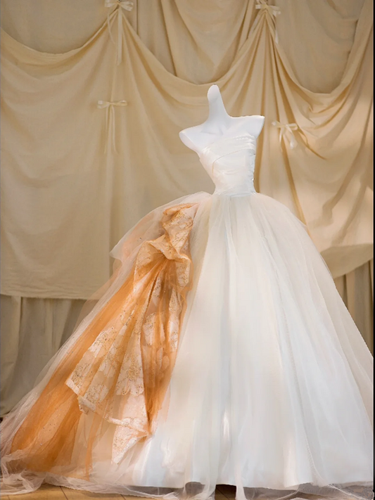 White tube top waist slim stitching yellow puffy skirt long dress bridal dress R5836