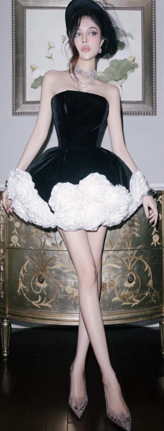 Black tube top waist high-end elegant three-dimensional flower skirt temperament short skirt homecoming dress R4694