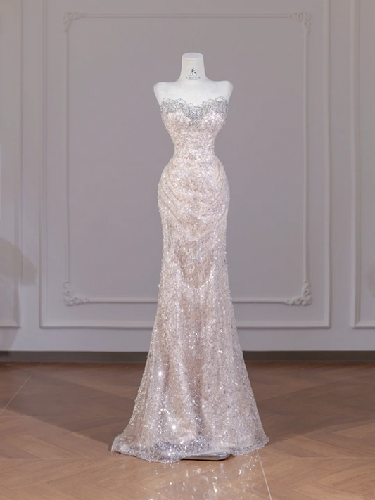 Light apricot strapless fitted sequined long ball gown R8274