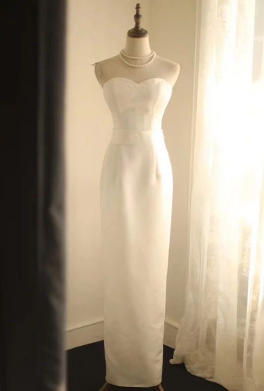 White strapless fitted long ball gown, elegant and classic style R6793