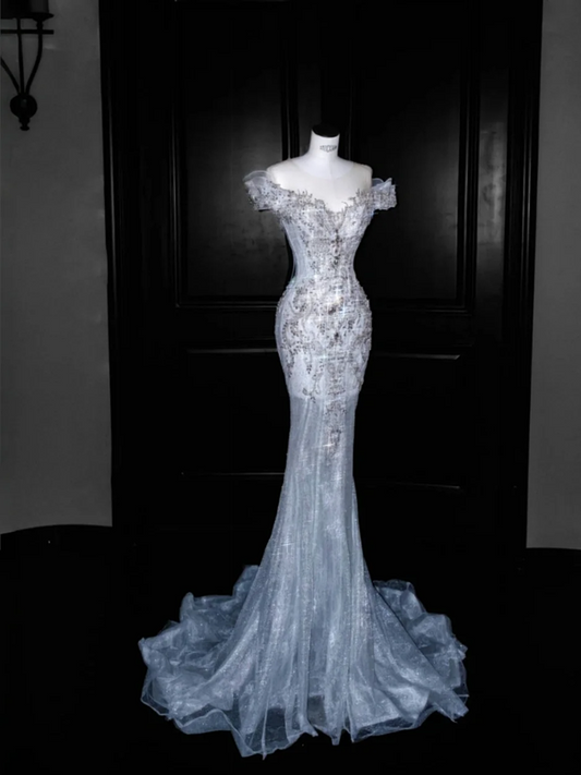 Light blue one-shoulder diamond waist-hugging hip-wrapped fishtail sexy long skirt, prom dress R5643