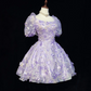 Purple puff sleeves floral design waist slim fit princess skirt homecoming dress R4941