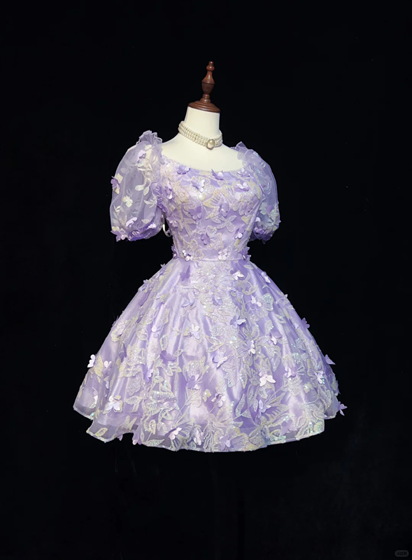 Purple puff sleeves floral design waist slim fit princess skirt homecoming dress R4941