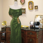 Green off-the-shoulder sequined fitted long ball gown R7186
