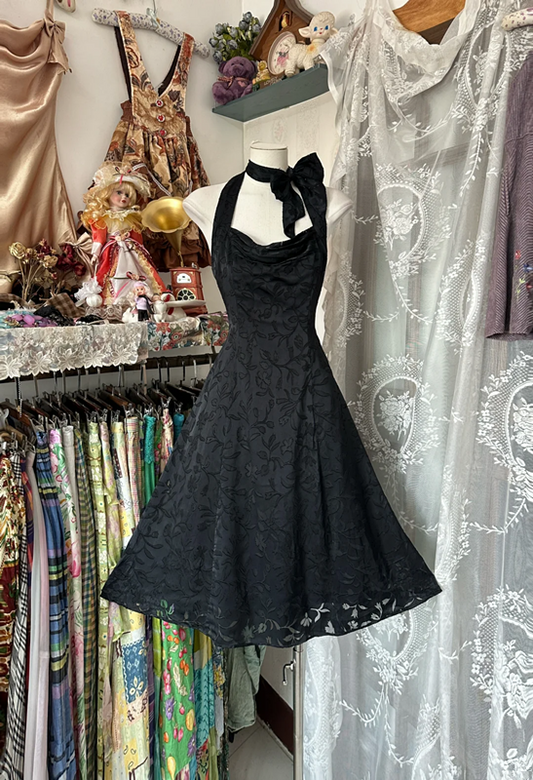 Black backless halter-neck A-line mini dress, ball gown R6353