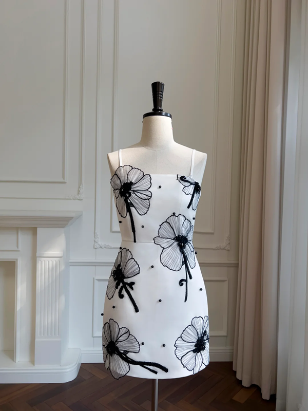 White suspender lace flower design waist slim A-line short skirt homecoming dress R5023