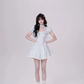 Light blue puff sleeve plaid waist slim A-line short skirt homecoming dress R5284