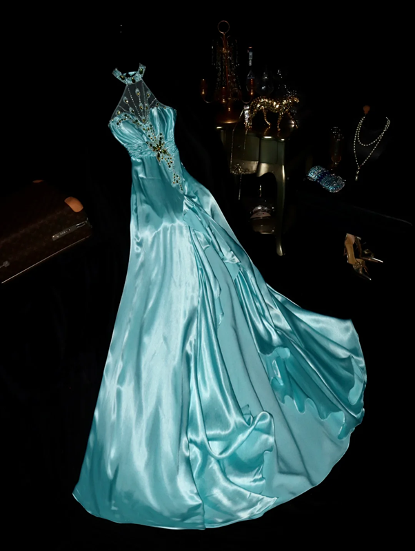 Lake blue halter neck fitted waist long ball gown R6872