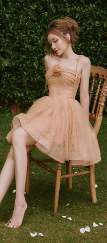 Brown suspender waist tube top classic temperament short skirt homecoming dress R4655