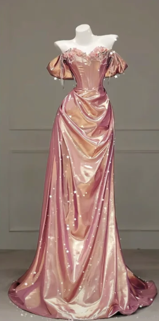 Pink off-the-shoulder fitted satin elegant long ball gown R6432