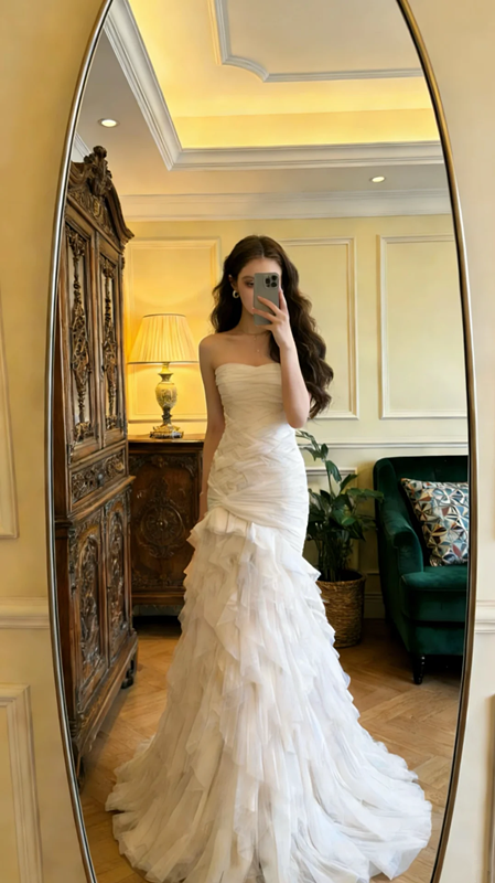 White strapless, fitted waist, long ball gown R8701