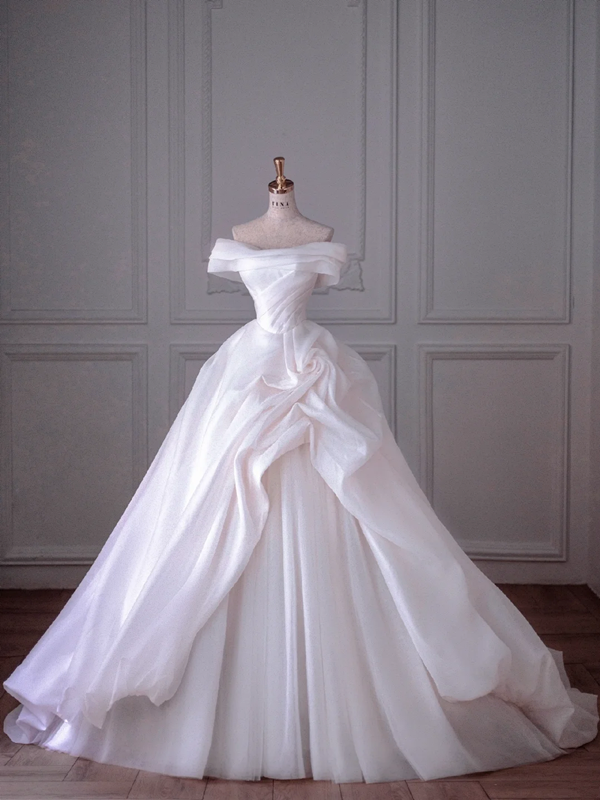 White satin one-shoulder slim waist puffy skirt long dress bridal gown R5874