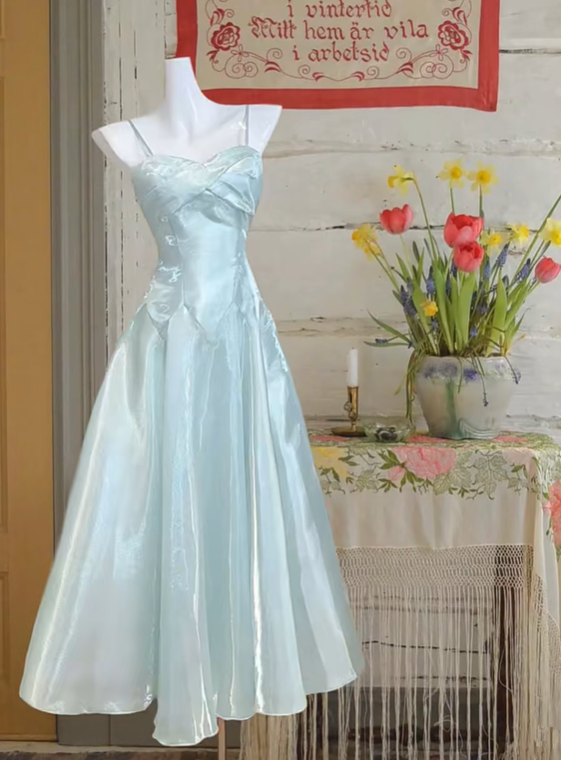 Light blue backless A-line satin elegant long gown, ball gown R6235