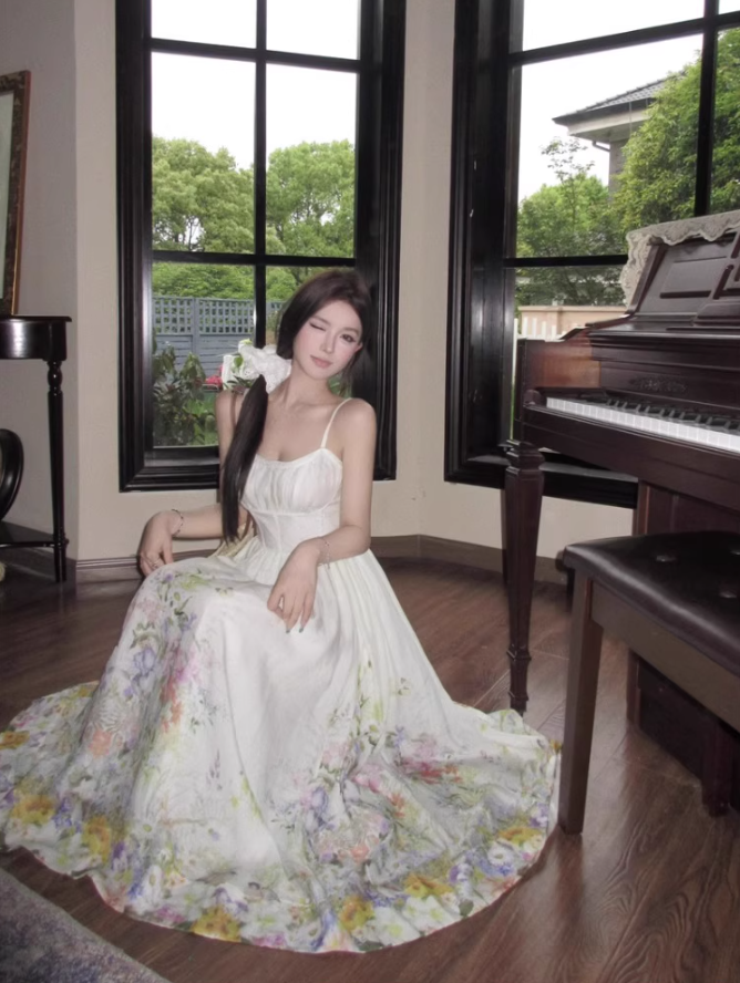 Platycodon temperament floral suspender skirt super beautiful waist dress R0701