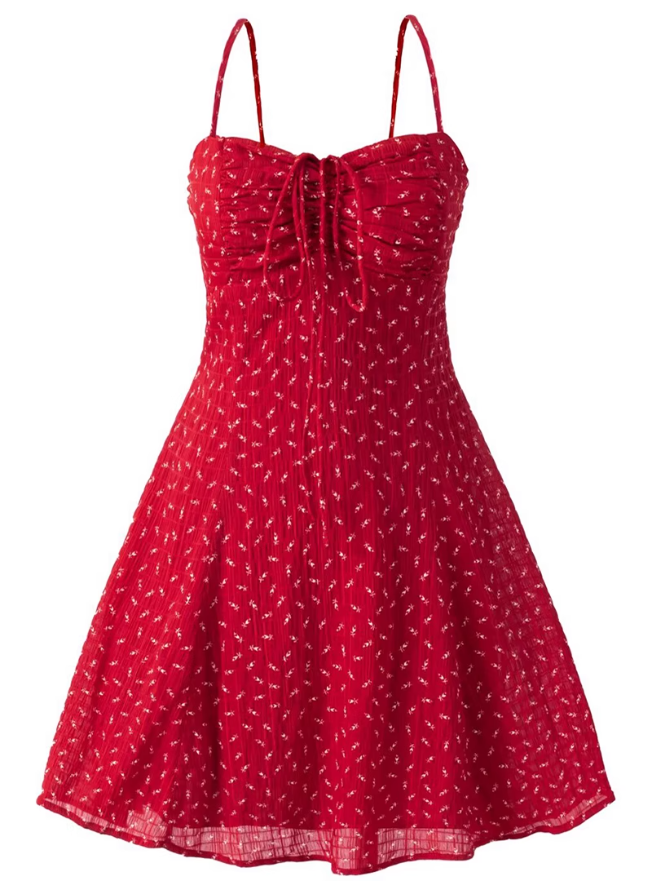 2025 Summer New Red Floral A-line Small Waist Suspender Dress R0911