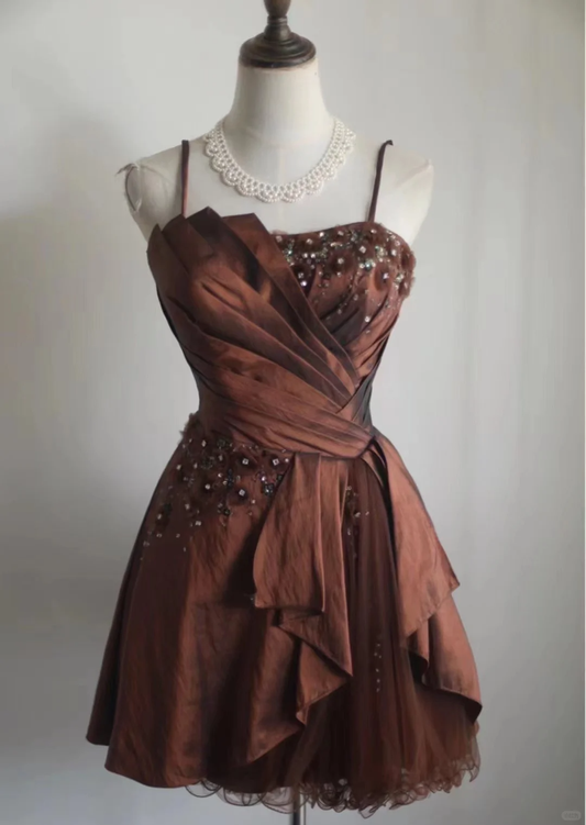 Dark brown suspender asymmetrical skirt satin princess skirt homecoming dress R4150