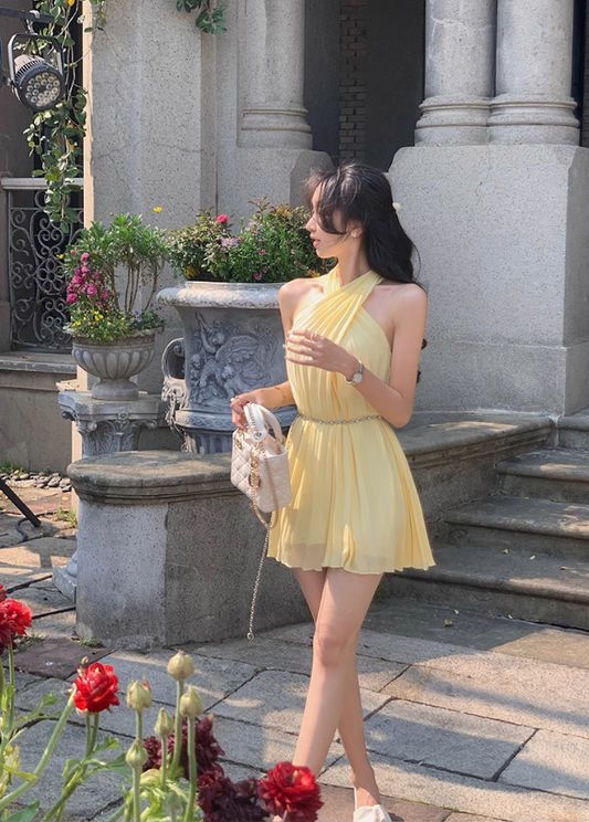 French yellow dress for women in summer pure desire style temperament waist slimming princess short skirt R4300