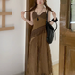 Fairy travel outfit retro ethnic style suspender long skirt v-neck dress R1741