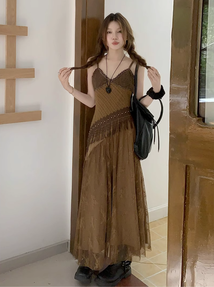 Fairy travel outfit retro ethnic style suspender long skirt v-neck dress R1741