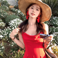 Red mid-length waist suspender dress summer retro temperament high-end skirt R4861