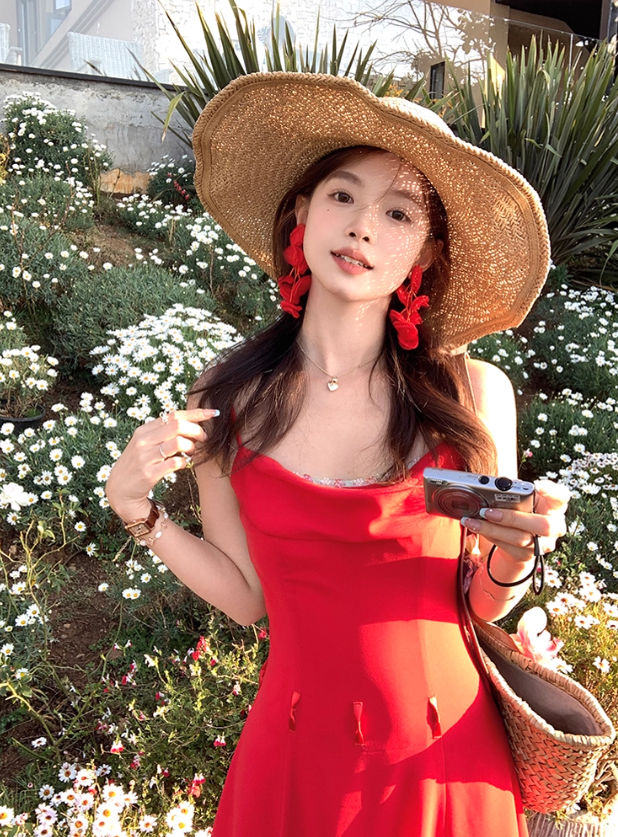 Red mid-length waist suspender dress summer retro temperament high-end skirt R4861